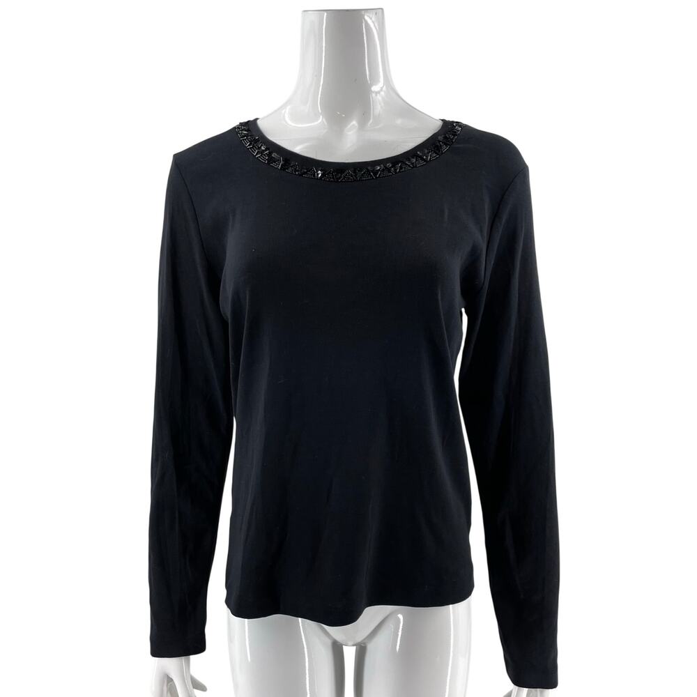 Talbots Womens Top Size Medium Black Sequin Beaded Neck Cotton Long Sleeve Shirt